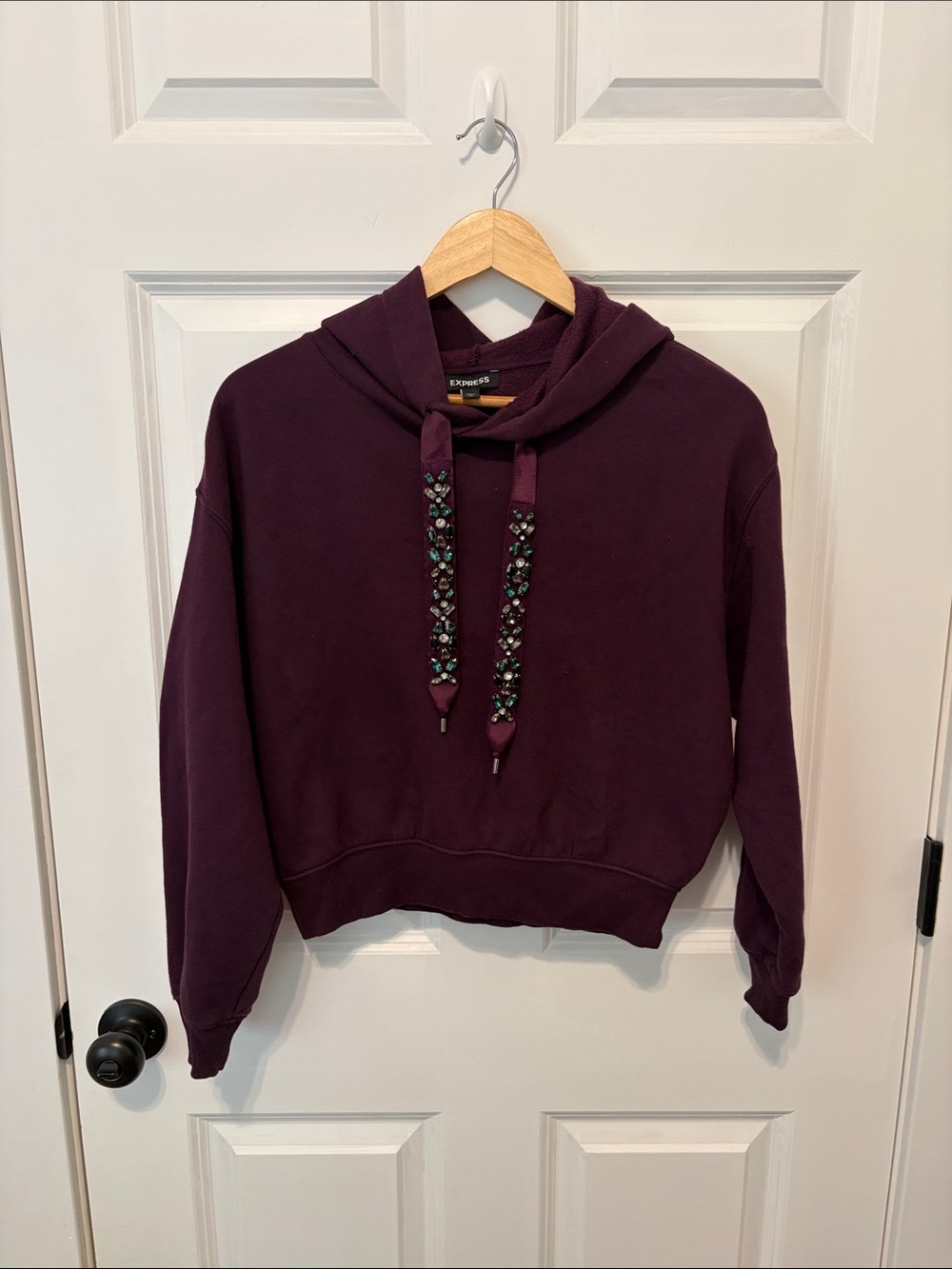 Express Women's Deep Plum Cropped Hoodie with Beaded Drawstrings
